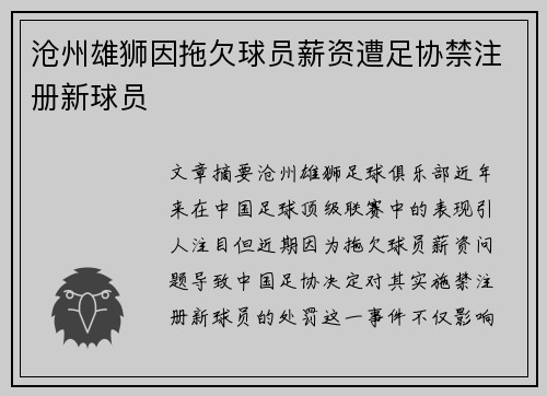 沧州雄狮因拖欠球员薪资遭足协禁注册新球员 沧州雄狮因拖欠球员薪资遭足协禁注册新球员